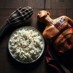 A compelling overhead view designed for a book cover featuring a plate of plain biryani rice beautifully displayed on a rustic wooden table