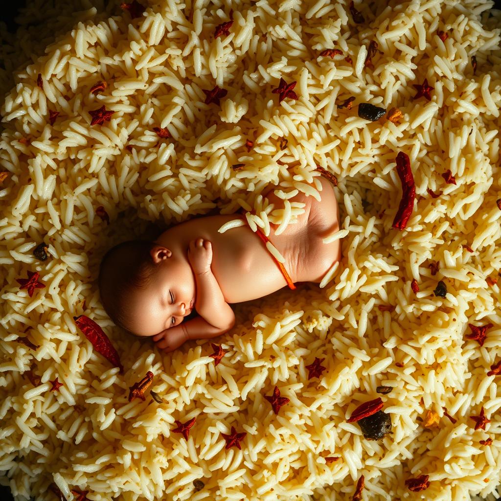 A striking and dramatic overhead view designed for a book cover, featuring a zoomed-in perspective of plain biryani rice, showcasing the intricate details of the fluffy grains and vibrant spices scattered throughout