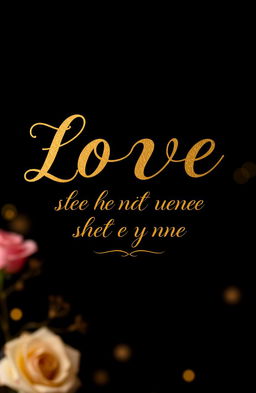 A romantic scene set against a deep black background, featuring elegant gold lettering that spells out a love quote or phrase