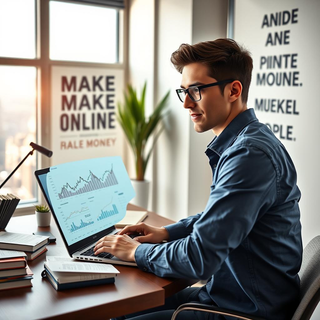 A motivational scene illustrating the concept of making money online, featuring a dynamic young entrepreneur working on a laptop at a stylish home office