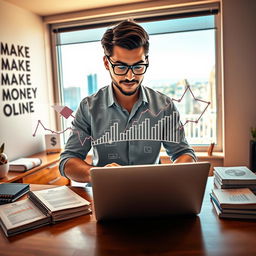 A motivational scene illustrating the concept of making money online, featuring a dynamic young entrepreneur working on a laptop at a stylish home office