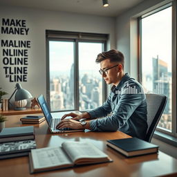 A motivational scene illustrating the concept of making money online, featuring a dynamic young entrepreneur working on a laptop at a stylish home office