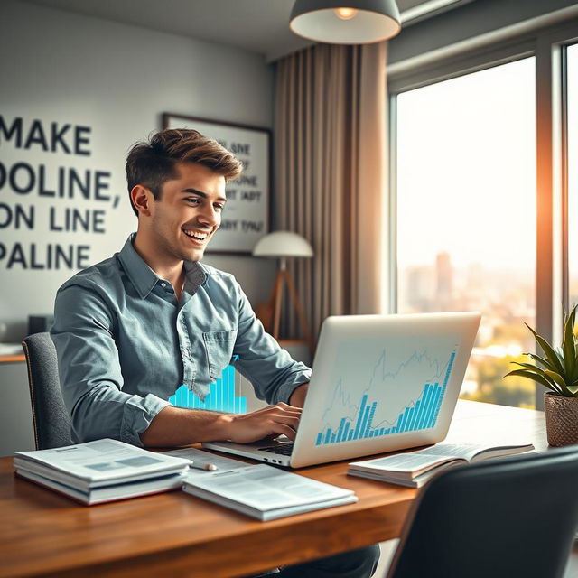 A motivational scene illustrating the concept of making money online, featuring a dynamic young entrepreneur working on a laptop at a stylish home office