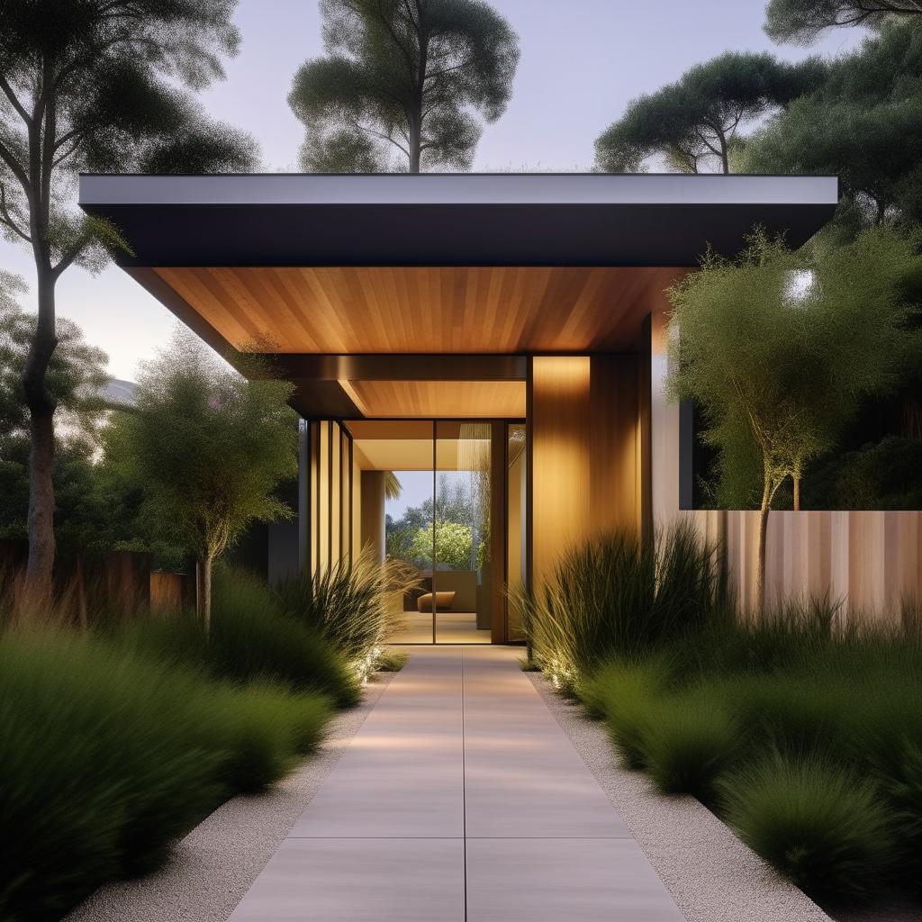 Generate a visually striking and architectural exterior of a modern house with a blend of clean lines, natural materials, lush greenery, and contemporary aesthetics.