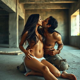 A sultry Indian woman with long, flowing hair, embodying seduction, caught in an intimate moment with a struggling Indian man on the bare concrete floor of an under-construction building