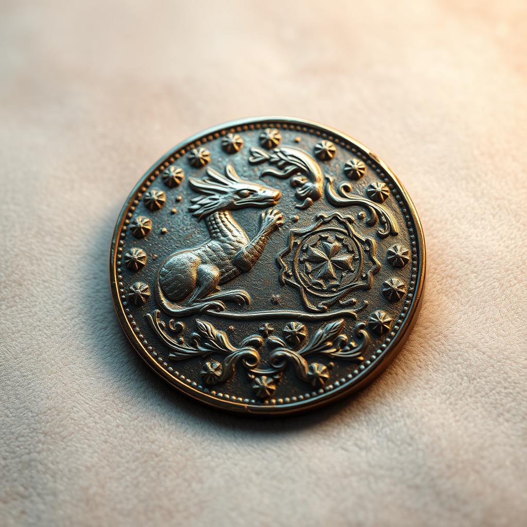 A highly detailed 3D rendering of an ancient coin, showcasing intricate engravings and a stunning patina
