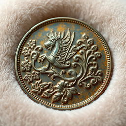 A highly detailed 3D rendering of an ancient coin, showcasing intricate engravings and a stunning patina