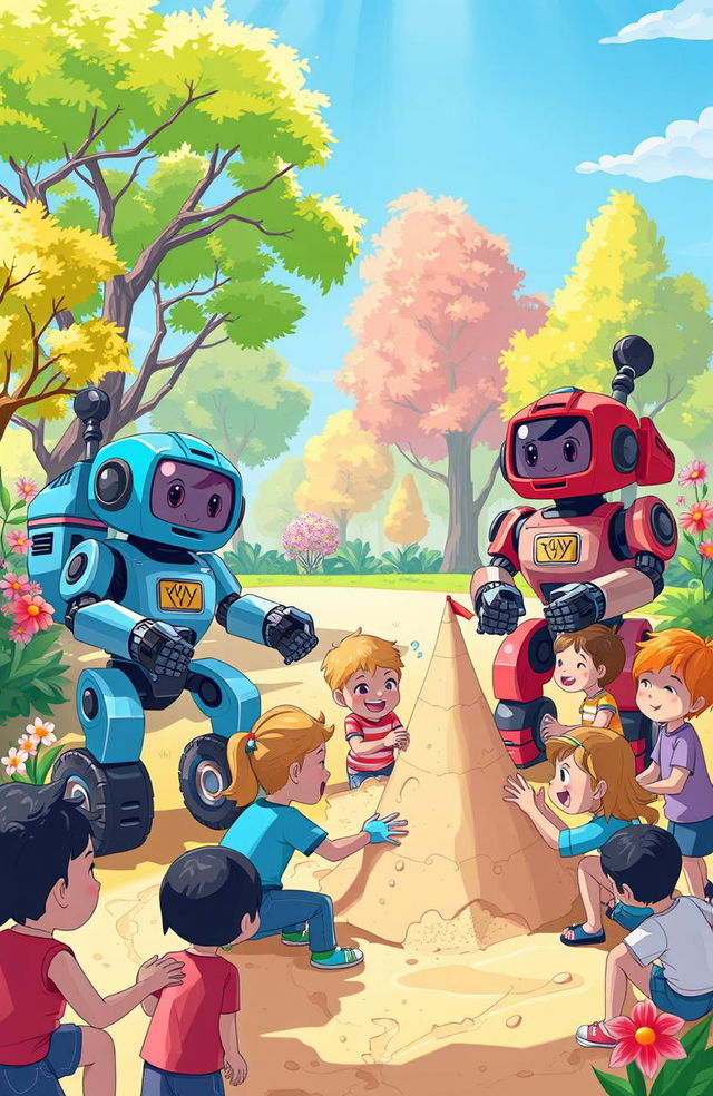 A colorful and imaginative world filled with friendly robots transforming into vehicles, playing with kids in a vibrant park