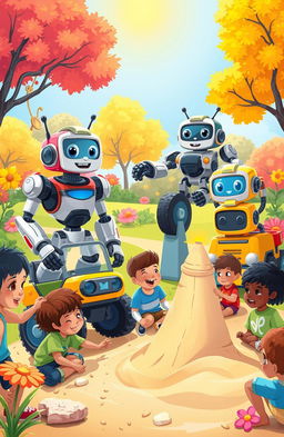 A colorful and imaginative world filled with friendly robots transforming into vehicles, playing with kids in a vibrant park