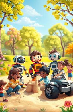 A colorful and imaginative world filled with friendly robots transforming into vehicles, playing with kids in a vibrant park
