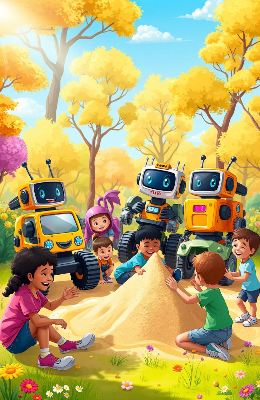 A colorful and imaginative world filled with friendly robots transforming into vehicles, playing with kids in a vibrant park