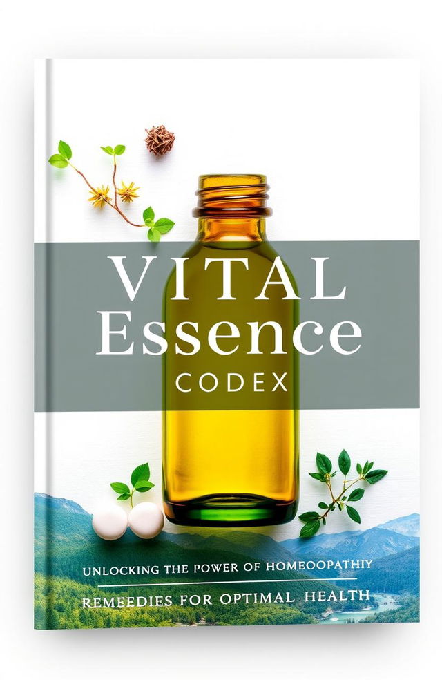 An engaging book cover design for 'Vital Essence Codex: Unlocking the Power of Homeopathic Remedies for Optimal Health'