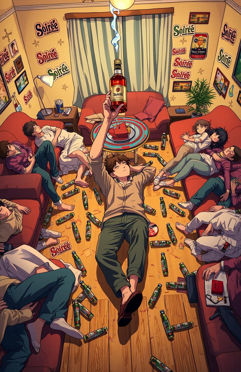 An anime cover depicting an anonymous person lying down casually on the floor of a living room surrounded by several drunken people who are sprawled on couches and the floor, all peacefully asleep