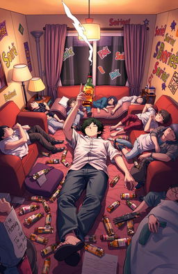 An anime cover depicting an anonymous person lying down casually on the floor of a living room surrounded by several drunken people who are sprawled on couches and the floor, all peacefully asleep