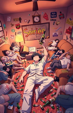 An anime cover depicting an anonymous person lying down casually on the floor of a living room surrounded by several drunken people who are sprawled on couches and the floor, all peacefully asleep
