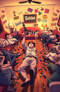 An anime cover depicting an anonymous person lying down casually on the floor of a living room surrounded by several drunken people who are sprawled on couches and the floor, all peacefully asleep