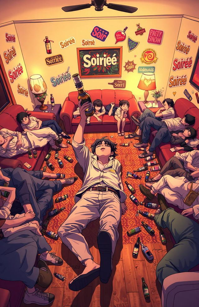 An anime cover depicting an anonymous person lying down casually on the floor of a living room surrounded by several drunken people who are sprawled on couches and the floor, all peacefully asleep