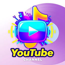 A vibrant and modern logo design for a YouTube music channel, featuring a stylized musical note intertwined with a play button, showcasing a dynamic color palette of electric blues, bright yellows, and rich purples