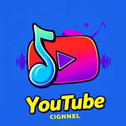 A vibrant and modern logo design for a YouTube music channel, featuring a stylized musical note intertwined with a play button, showcasing a dynamic color palette of electric blues, bright yellows, and rich purples