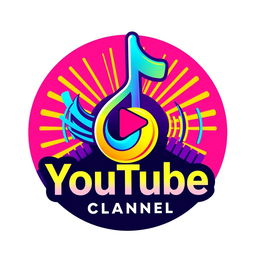 A vibrant and modern logo design for a YouTube music channel, featuring a stylized musical note intertwined with a play button, showcasing a dynamic color palette of electric blues, bright yellows, and rich purples