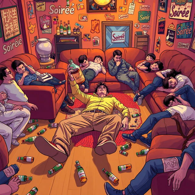 A cover illustration featuring an anonymous person lying down comfortably on the floor of a cozy house, surrounded by numerous drunken individuals asleep on sofas and the floor