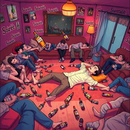 A cover illustration featuring an anonymous person lying down comfortably on the floor of a cozy house, surrounded by numerous drunken individuals asleep on sofas and the floor