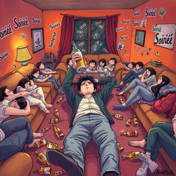 A cover illustration featuring an anonymous person lying down comfortably on the floor of a cozy house, surrounded by numerous drunken individuals asleep on sofas and the floor