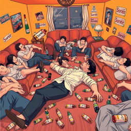 A cover illustration featuring an anonymous person lying down comfortably on the floor of a cozy house, surrounded by numerous drunken individuals asleep on sofas and the floor