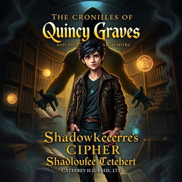 An imaginative fantasy book cover design for 'The Chronicles of Quincy Graves and the Shadowkeeper's Cipher'