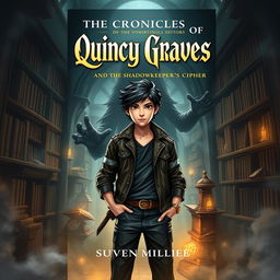 An imaginative fantasy book cover design for 'The Chronicles of Quincy Graves and the Shadowkeeper's Cipher'