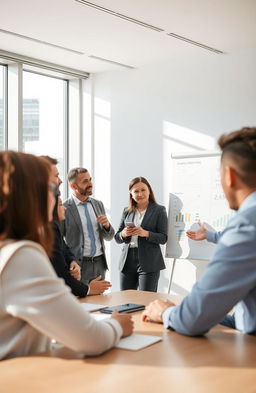 A professional, soft-focus image of a team meeting focused on performance improvement, featuring a diverse group of professionals actively engaged in discussion