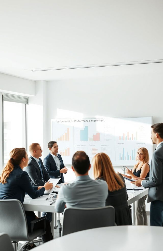 A professional, soft-focus image of a team meeting focused on performance improvement, featuring a diverse group of professionals actively engaged in discussion