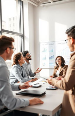 A professional, soft-focus image of a team meeting focused on performance improvement, featuring a diverse group of professionals actively engaged in discussion