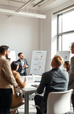 A professional, soft-focus image of a team meeting focused on performance improvement, featuring a diverse group of professionals actively engaged in discussion