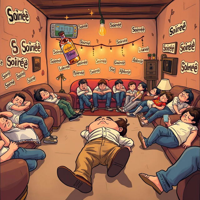 A cartoon cover featuring an anonymous person lying down on the floor in a lively house filled with many drunken individuals who are soundly asleep on couches and the floor