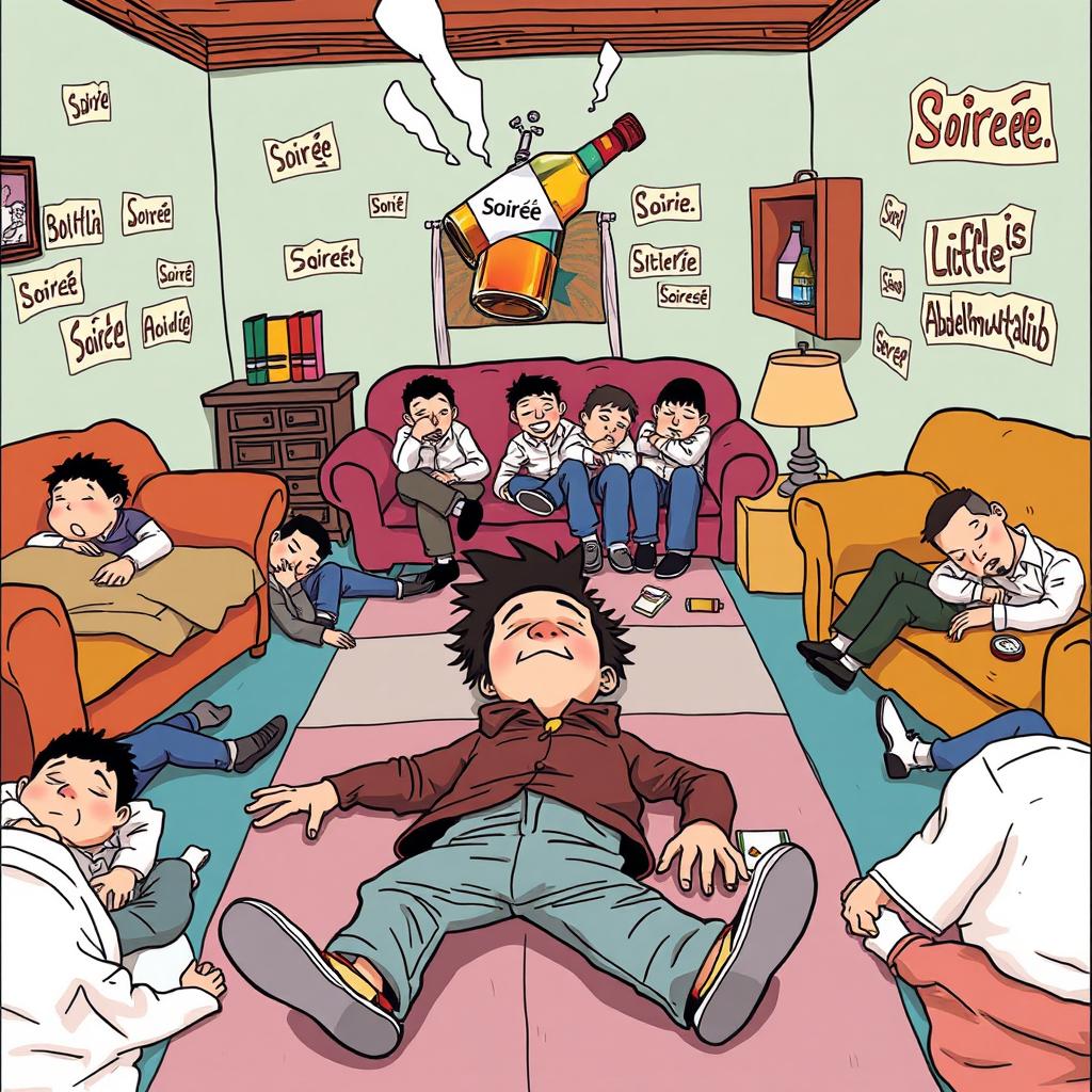 A cartoon cover featuring an anonymous person lying down on the floor in a lively house filled with many drunken individuals who are soundly asleep on couches and the floor