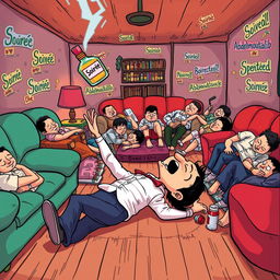 A cartoon cover featuring an anonymous person lying down on the floor in a lively house filled with many drunken individuals who are soundly asleep on couches and the floor