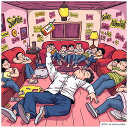 A cartoon cover featuring an anonymous person lying down on the floor in a lively house filled with many drunken individuals who are soundly asleep on couches and the floor