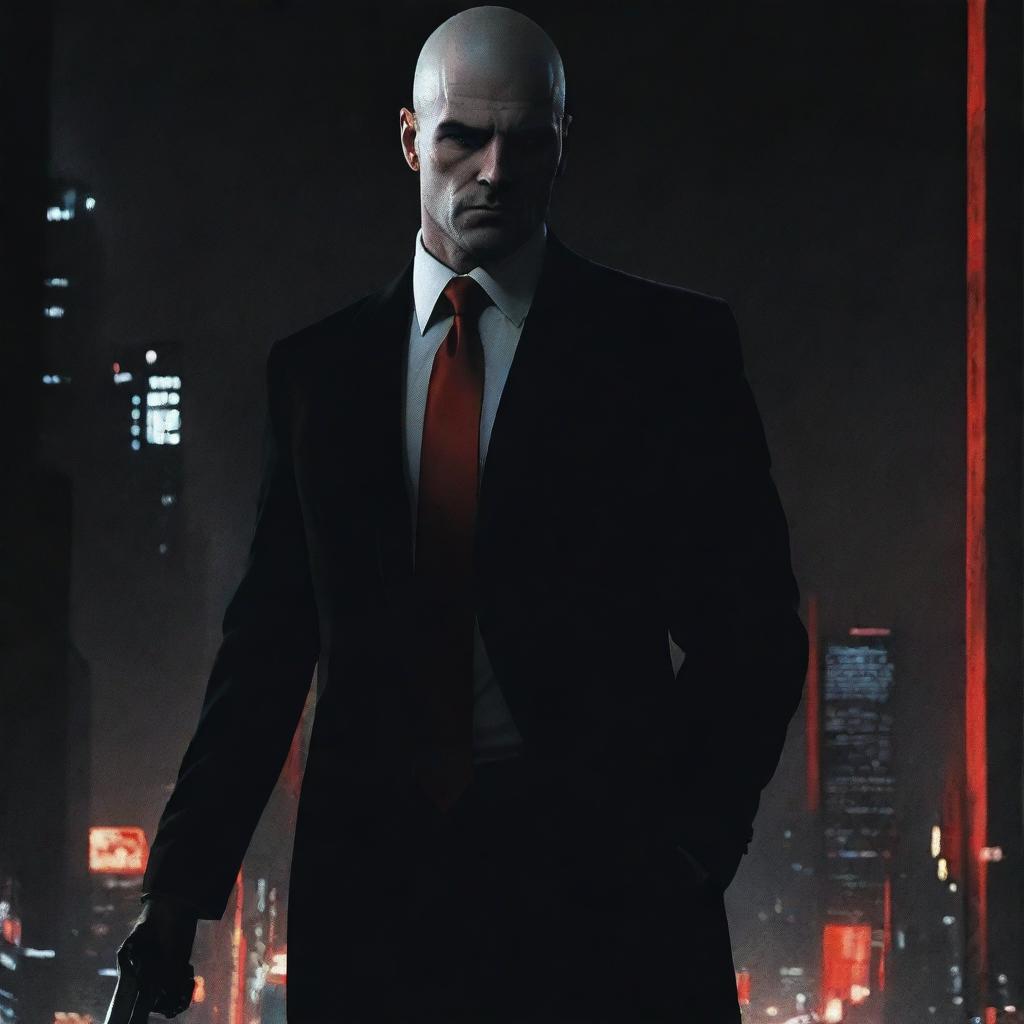 A high resolution wallpaper featuring a stylized image of a hitman