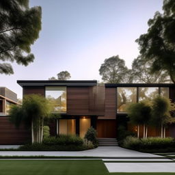 Generate a visually striking and architectural exterior of a modern house with a blend of clean lines, natural materials, lush greenery, and contemporary aesthetics.