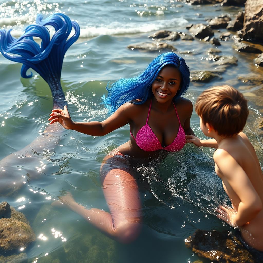 A beautiful mermaid with stunning brown skin and flowing blue hair is playfully swimming in a serene tidal pool