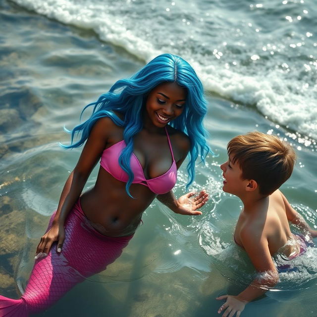 A beautiful mermaid with stunning brown skin and flowing blue hair is playfully swimming in a serene tidal pool