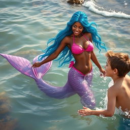 A beautiful mermaid with stunning brown skin and flowing blue hair is playfully swimming in a serene tidal pool