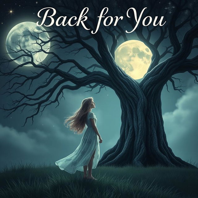 A mesmerizing book cover for 'Back for You' featuring a girl standing gracefully next to a towering, sprawling tree, her gaze fixed on a magnificent full moon that bathes the scene in a soft, silvery light