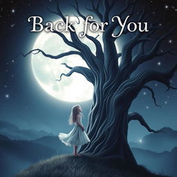 A mesmerizing book cover for 'Back for You' featuring a girl standing gracefully next to a towering, sprawling tree, her gaze fixed on a magnificent full moon that bathes the scene in a soft, silvery light