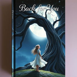 A mesmerizing book cover for 'Back for You' featuring a girl standing gracefully next to a towering, sprawling tree, her gaze fixed on a magnificent full moon that bathes the scene in a soft, silvery light
