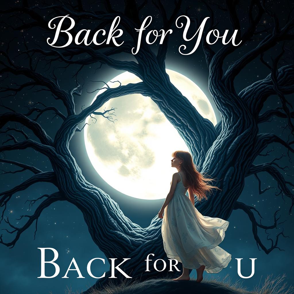 A mesmerizing book cover for 'Back for You' featuring a girl standing gracefully next to a towering, sprawling tree, her gaze fixed on a magnificent full moon that bathes the scene in a soft, silvery light