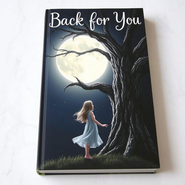 A stunning book cover for 'Back for You' featuring a girl standing gracefully next to a majestic, large tree, gazing up at a radiant full moon that bathes the scene in a soft, silver glow