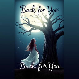 A stunning book cover for 'Back for You' featuring a girl standing gracefully next to a majestic, large tree, gazing up at a radiant full moon that bathes the scene in a soft, silver glow