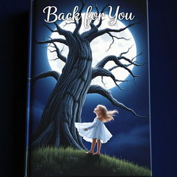 A stunning book cover for 'Back for You' featuring a girl standing gracefully next to a majestic, large tree, gazing up at a radiant full moon that bathes the scene in a soft, silver glow